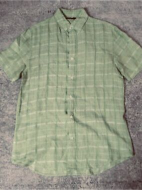 Perry Ellis Light Green Plaid Short-Sleeve Button-Down Shirt